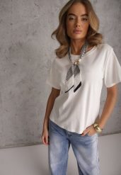 Biały Bawełniany T-shirt Hillswor Ozdobiony Apaszką. Białe bluzki damskie Renee, bez wzorów, z bawełny, eleganckie. Za 69.99 zł.