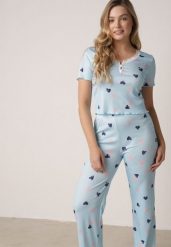 Niebieski Komplet Piżamowy z Elastycznego Materiału Spodnie i Bluzka w Serca Veys. Niebieskie piżamy damskie Born2be, l, bez wzorów, z materiału, bez ramiączek. Za 79.99 zł.