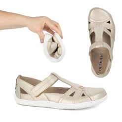 Buty damskie Barefoot Ultralekkie półsandały Olivier 1285 na rzep złote złoty. Żółte półbuty damskie na lato, bez wzorów, z jeansu, boho, bez obcasa, bez zapięcia. Za 484.00 zł.