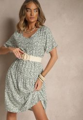Zielona Rozkloszowana Sukienka z Bawełną w Kwiaty Mevazia. Zielone sukienki dla dziewczynek Renee, na lato, bez wzorów, z bawełny, bez ramiączek. Za 44.99 zł.