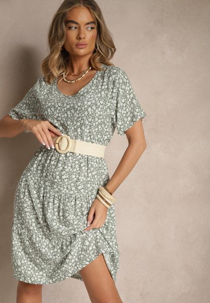 Zielona Rozkloszowana Sukienka z Bawełną w Kwiaty Mevazia. Zielone sukienki dla dziewczynek Renee, na lato, bez wzorów, z bawełny, bez ramiączek. Za 69.99 zł.