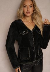 Czarny Sweter o Fasonie Kardiganu z Metaliczną Nicią oraz Ozdobnymi Guzikami Getila. Czarne kardigany damskie Renee, l, bez wzorów, z jeansu, eleganckie, bez kołnierzyka, bez ramiączek, długie, bez kaptura. Za 99.99 zł.