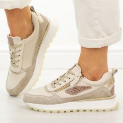 Beżowe skórzane sneakersy damskie Cambell 40347. Brązowe obuwie sportowe damskie Cambell, bez wzorów, z dresówki. Za 249.00 zł.