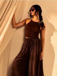 Spodnie culotte z wiskozą - brązowy. Brązowe spodnie materiałowe damskie Sinsay, l, bez wzorów, z wiskozy. Za 49.99 zł.