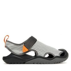 Sandały Crocs. Szare sandały damskie Crocs, bez wzorów, z meshu, bez obcasa, na płaskiej podeszwie, bez zapięcia. Za 219.99 zł.