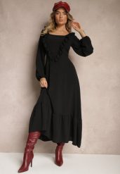 Czarna Sukienka Ozdobiona Falbanami o Rozkloszowanym Kroju Alleira. Czarne sukienki damskie Renee, na co dzień, z aplikacjami, eleganckie, bez kołnierzyka, bez ramiączek, maxi, proste. Za 74.99 zł.
