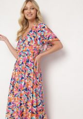 Pomarańczowa Sukienka z Wiskozy z Ozdobnymi Marszczeniami i Gumką w Pasie z Rozcięciem na Dole Fierasa. Brązowe sukienki damskie Born2be, na co dzień, l, bez wzorów, z jeansu, eleganckie, bez kołnierzyka, bez ramiączek, maxi, kopertowe. Za 79.99 zł.