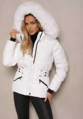 Biała Kurtka z Pikowaniem Odpinanym Kapturem i Futerkiem z Paskiem Vortinay. Białe kurtki damskie Renee, xl, bez wzorów, z jeansu. Za 119.99 zł.