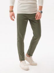 Spodnie męskie chinosy SLIM FIT - oliwkowe V26 - Rozmiar: M. Zielone eleganckie spodnie męskie Ombre Clothing, m, bez wzorów, z bawełny. W wyprzedaży za 69.99 zł.