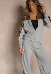 Szary Komplet Dresowy z Panterkowymi Wstawkami Bluza i Spodnie Wide Leg Redrie. Szare bluzy damskie Renee, l, z aplikacjami, z dresówki, bez kaptura. Za 79.99 zł.