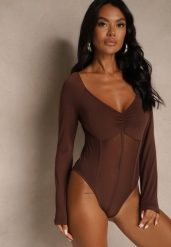 Brązowe Body Vices o Fasonie Longsleeve z Dekoltem w Kształcie V Asstre. Brązowe bluzki damskie Renee, l, bez wzorów, z jeansu, klasyczne, bez kołnierzyka, bez ramiączek. Za 69.99 zł.