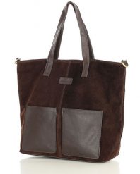 Torebka damska shopper duża zamszowa z kieszonkami – MARCO MAZZINI ciemnobrązowa. Brązowe torebki shopper damskie bez wzorów, z zamszu, duże, zamszowe, bez dodatków. Za 379.00 zł.