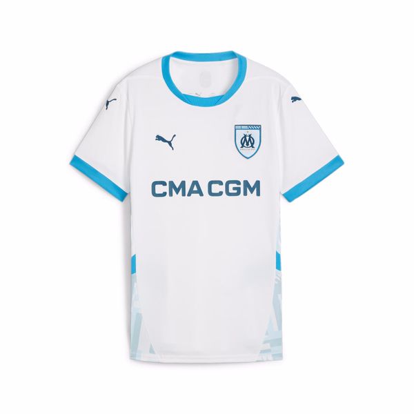 Koszulka domowa dla kobiet OM 2024/25. Białe koszulki sportowe damskie Puma, bez wzorów, bez kołnierzyka, bez ramiączek, do piłki nożnej. W wyprzedaży za 272.75 zł.