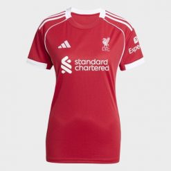 Koszulka podstawowa Liverpool FC 25/26. Czerwone t-shirty damskie Adidas, xl, bez wzorów, z materiału, klasyczne, bez kołnierzyka. Za 439.00 zł.