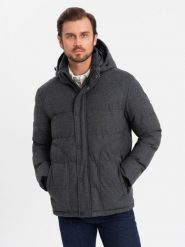 Casualowa męska kurtka puffer z wełną – czarny melanż V2 OM-JAHP-0203 - XXL. Czarne kurtki męskie Ombre Clothing, l, z aplikacjami, z materiału. Za 371.99 zł.