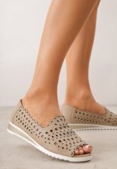 Beżowe Balerinki Ażurowe ze Skóry Naturalnej z Odkrytym Noskiem Amalimeni. Brązowe baleriny damskie Born2be, w ażurowe wzory, z jeansu, biznesowe, bez obcasa. Za 199.99 zł.