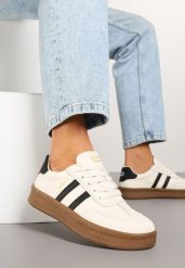 Beżowo-Czarne Sneakersy w Stylu Tenisówek z Paskami na Boku Saliena. Brązowe obuwie sportowe damskie Born2be, bez wzorów, z jeansu, tenisowe. Za 99.99 zł.