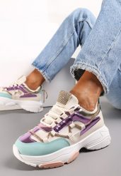 Beżowo-Fioletowe Sneakersy Ozdobione Sznureczkiem z Cyrkoniami Nathanias. Brązowe obuwie sportowe damskie Renee, z aplikacjami, z jeansu. Za 119.99 zł.