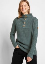 Sweter ze stójką w strukturalny wzór. Zielone swetry damskie bonprix, bez wzorów, bez kołnierzyka, bez ramiączek, bez kaptura. Za 109.99 zł.