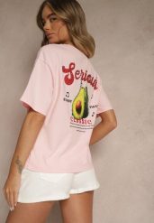 Różowy T-shirt z Bawełną ze Wzorem Awokado Tilannia. Czerwone bluzki damskie Renee, m, bez wzorów, z bawełny, bez kołnierzyka. Za 69.99 zł.