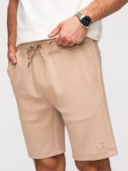 Męskie szorty z gładkiej dzianiny REGULAR FIT - beżowe V3 - Rozmiar: XL. Brązowe szorty męskie Ombre Clothing, na lato, m, bez wzorów, z dzianiny, wizytowe. Za 169.99 zł.