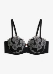 Biustonosz balkonetka z eleganckim haftem. Czarne biustonosze bonprix, bez wzorów. Za 84.99 zł.