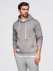 Męska bluza dresowa kangurka z kapturem - szara V8 - Rozmiar: XL. Szare bluzy męskie Ombre Clothing, m, bez wzorów, z bawełny, z kapturem. Za 155.99 zł.