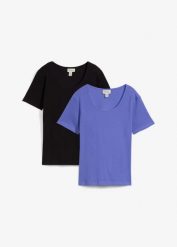 Koszulka z czystej, prążkowanej bawełny organicznej (2 szt.). Czarne t-shirty damskie bonprix, bez wzorów, z bawełny, bez kołnierzyka. Za 32.99 zł.