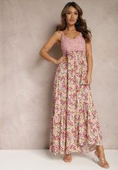 Różowa Rozkloszowana Sukienka Maxi z Wiskozy w Kwiatowy Print na Ramiączkach Roisintia. Czerwone sukienki damskie Renee, s, bez wzorów, z wiskozy, bez kołnierzyka, bez ramiączek, maxi, rozkloszowane. Za 49.99 zł.