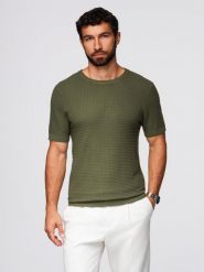 Strukturalna dzianinowa koszulka męska - oliwkowa V1 - Rozmiar: L. Zielone t-shirty męskie Ombre Clothing, l, bez wzorów, z dzianiny, bez kołnierzyka. Za 159.99 zł.