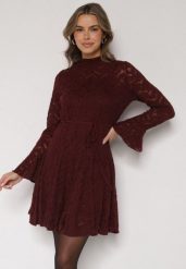 Bordowa Koronkowa Sukienka z Wiązaniem Półgolfem i Falbankami Alnefera. Czerwone sukienki damskie Born2be, s, bez wzorów, z koronki, klasyczne, bez kołnierzyka, bez ramiączek, mini. Za 179.99 zł.