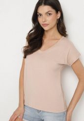 Beżowy Bawełniany T-shirt z Trójkątnym Dekoltem Linarosea. Brązowe bluzki damskie Born2be, uniwersalny, bez wzorów, z bawełny, bez kołnierzyka. Za 39.99 zł.