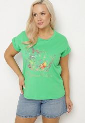 Zielony T-shirt z Kolorowym Nadrukiem z Bawełny Mepitia. Zielone bluzki damskie Born2be, s, bez wzorów, z bawełny, eleganckie, bez kołnierzyka. Za 34.99 zł.