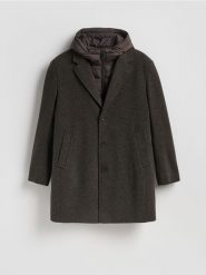 Płaszcz z kapturem - ciemnobrązowy. Brązowe płaszcze męskie Reserved, l, bez wzorów, z tkaniny, z kapturem. Za 359.99 zł.