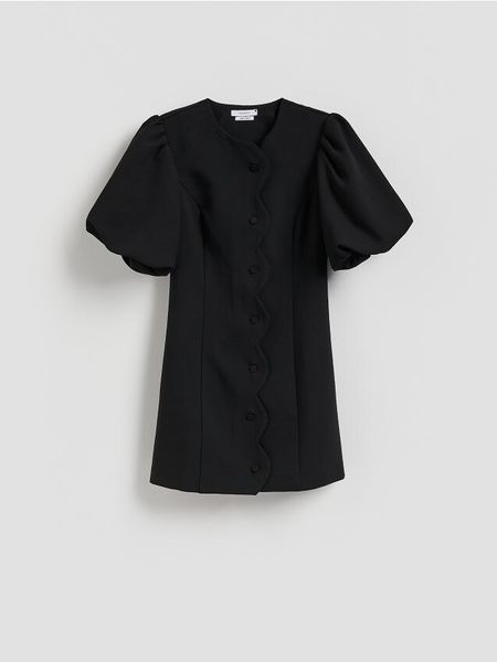 Sukienka z ozdobnymi guzikami - czarny. Czarne sukienki damskie Reserved, na co dzień, l, bez wzorów, z tkaniny, bez kołnierzyka, bez ramiączek, proste. Za 179.99 zł.