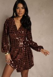 Brązowa Sukienka o Kopertowym Kroju z Wiązaniem i Cekinami Wedessa. Brązowe sukienki damskie Renee, na imprezę, l, z aplikacjami, z poliesteru, eleganckie, bez kołnierzyka, bez ramiączek, kopertowe. Za 169.99 zł.