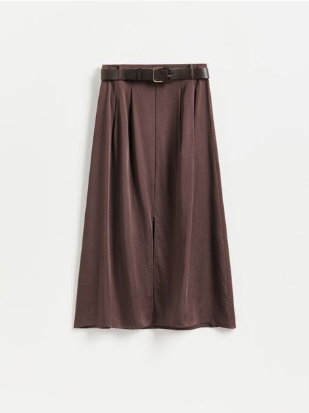 Spódnica midi z paskiem - brązowy. Brązowe spódnice damskie Reserved, l, bez wzorów, z lyocellu, midi, rozkloszowane. Za 139.99 zł.