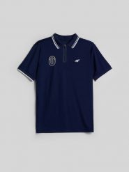 4F Koszulka polo tenisowa męska - granatowa XL. Niebieskie koszulki polo męskie 4f, l, bez wzorów, klasyczne, bez ramiączek. Za 139.99 zł.