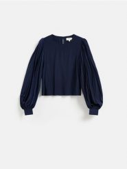Bluzka z dodatkiem wiskozy - granatowy. Niebieskie bluzki damskie Reserved, l, bez wzorów, z tkaniny, bez kołnierzyka, bez ramiączek. Za 159.99 zł.