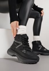 Czarne Sportowe Śniegowce Chunky na Platformie Ishweda. Czarne obuwie sportowe damskie Renee, bez wzorów, z jeansu. Za 119.99 zł.