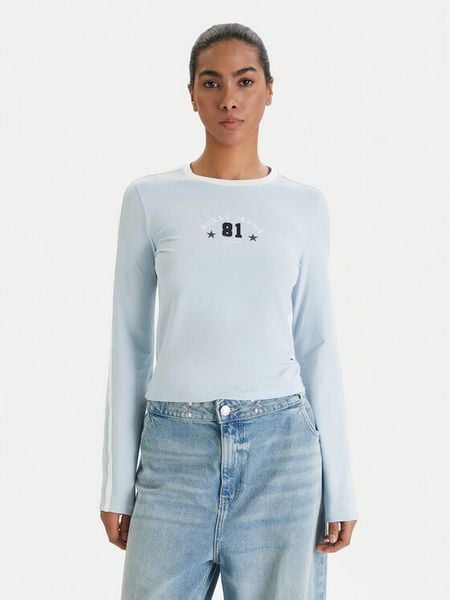 Guess Jeans Bluzka W6RI17 J1314 Błękitny Regular Fit. Niebieskie bluzki damskie Guess Jeans, xs, z aplikacjami, z bawełny, bez kołnierzyka, bez ramiączek. Za 128.99 zł.