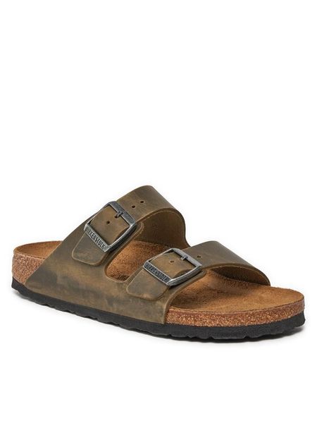Birkenstock Klapki Arizona 1027039 Khaki. Brązowe klapki damskie Birkenstock, bez wzorów, ze skóry, bez obcasa. Za 379.99 zł.