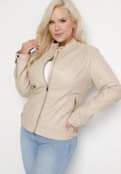 Beżowa Kurtka Ramoneska Bez Kołnierzyka z Suwakami na Rękawach Rilinne. Brązowe kurtki damskie Born2be, na wiosnę, plus size, bez wzorów, bez kaptura. Za 129.99 zł.