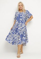 Niebieska Rozkloszowana Sukienka z Wiskozy z Geometrycznym Wzorem Emisova. Niebieskie sukienki damskie Born2be, na co dzień, xl, bez wzorów, z wiskozy, eleganckie, bez kołnierzyka, bez ramiączek, midi, rozkloszowane. Za 74.99 zł.