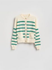 Bawełniany kardigan w paski - zielony. Zielone kardigany damskie Reserved, l, bez wzorów, z bawełny. Za 199.99 zł.