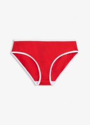Figi bikini z białym, kontrastowym wykończeniem. Czarne bikini damskie bonprix, bez wzorów. Za 34.99 zł.