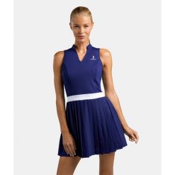 Sukienka Elegancja - Granatowa. Niebieskie sukienki damskie NORDICDOTS, s, bez wzorów, z materiału, eleganckie, bez kołnierzyka, bez ramiączek, sportowe. Za 405.00 zł.