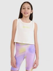 4F Crop top oversize z nadrukiem dziewczęcy - biały 164 (13-14 lat). Białe t-shirty i topy dla dziewczynek 4f, bez wzorów, z bawełny, bez ramiączek. W wyprzedaży za 19.99 zł.