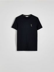 T-shirt slim fit z haftem - granatowy. Niebieskie t-shirty męskie Reserved, l, bez wzorów, z bawełny, bez kołnierzyka. W wyprzedaży za 35.99 zł.