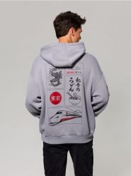Dresowa bluza hoodie z nadrukiem na plecach - szary. Szare bluzy męskie Sinsay, l, bez wzorów, z dresówki, bez kaptura. Za 49.99 zł.